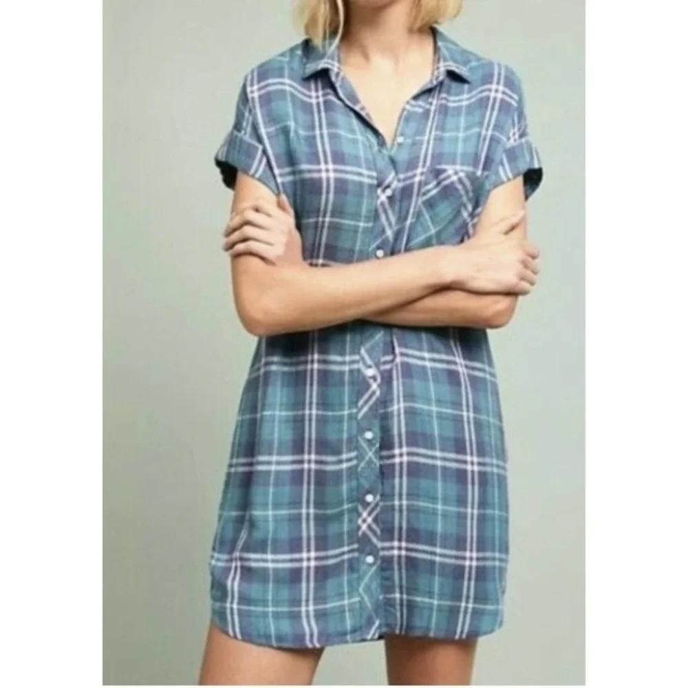 Cloth & Stone Anthropologie Shirt Dress Women S Blue Green Plaid‎ Casual